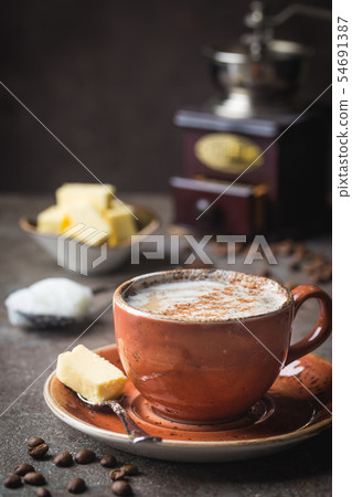 Bulletproof coffee, keto breakfast. Bulletproof coffee, keto breakfast. 54691387