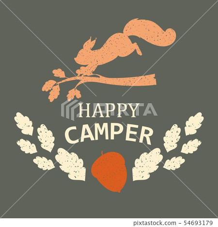Squirrel happy camper banner vector illustration. Animal jumping on branch of tree silhouette 54693179
