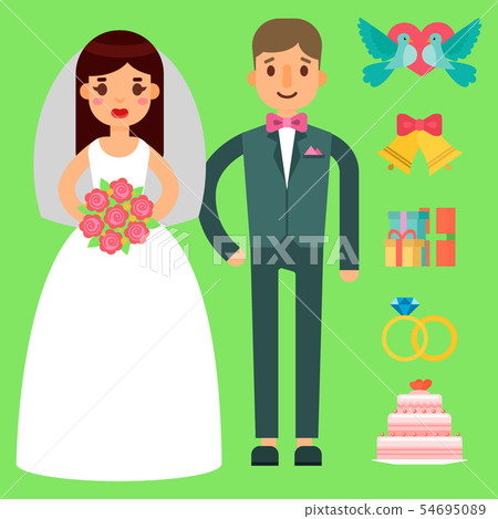 Wedding bride and groom couple invitation celebration set flat anniversary romance decoration icons Wedding bride and groom couple invitation celebration set flat anniversary romance decoration icons 54695089