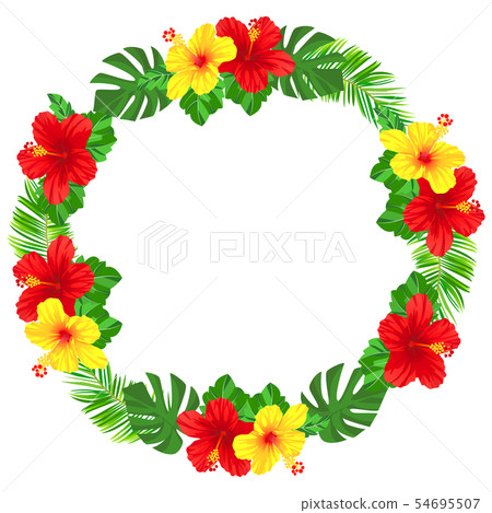 熱帶圓框架01與木槿和棕櫚葉和龜背竹 54695507