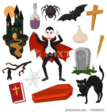 Vampire vector cartoon dracula character in scary halloween costume and vampirism signs illustration Vampire vector cartoon dracula character in scary halloween costume and vampirism signs illustration 54696003