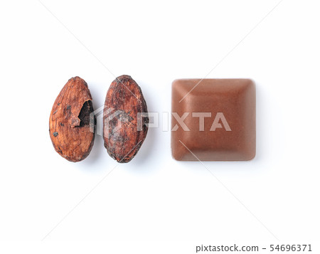 Raw cacao bean and chocolate piece isolated white 54696371