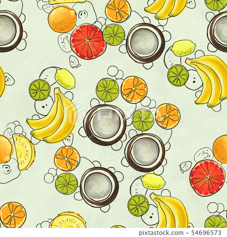 Hand drawn pattern with bananas, coconuts, pineapples. Seamless summer background. 54696573