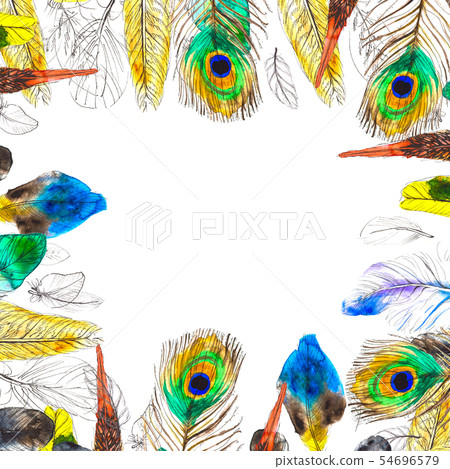 Watercolor frame with colorful feathers on... - Stock Illustration ...