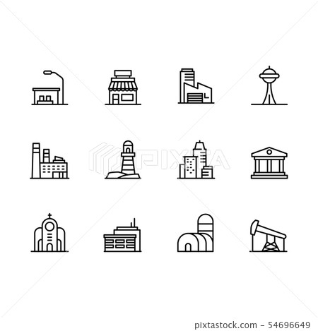 Modern city building icon symbols set. Contains icon cafe, industrial factory, museum, bank, church 54696649