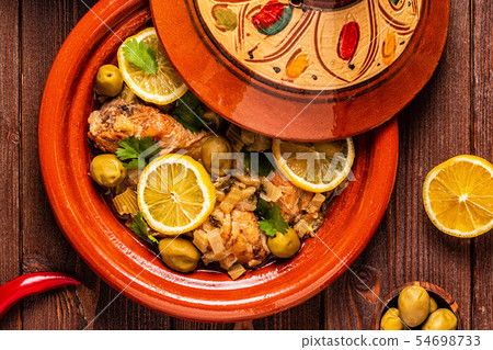 Traditional moroccan tajine of chicken with salted Traditional moroccan tajine of chicken with salted 54698733