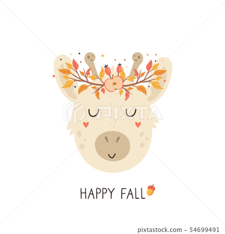 Cute giraffe in autumn wreath on white background Cute giraffe in autumn wreath on white background 54699491