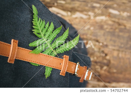 Foliage leaf on anstrap backpack. Concept of lifestyle and adventure in vacation alone in forest Foliage leaf on anstrap backpack. Concept of lifestyle and adventure in vacation alone in forest 54702744