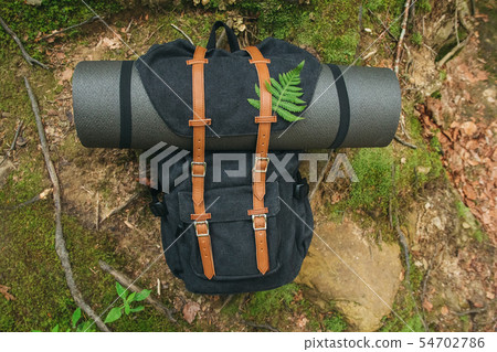 Hipster hiker tourist backpack , traveler relax holiday concept, travel adventure. View from above Hipster hiker tourist backpack , traveler relax holiday concept, travel adventure. View from above 54702786