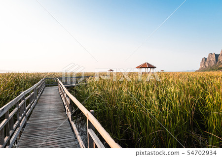 Wooden Bridge in the lake and mountain lanscape on 54702934
