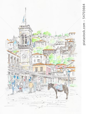 Hydra island, clock tower and donkey taxi 54703664