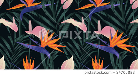 Seamless pattern, tropical plants and flowers 54703888