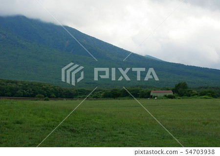 景觀自然繪畫草甸和岩手山,早秋草甸,小紅屋頂小屋和雄偉的山。 景觀自然繪畫草甸和岩手山,早秋草甸,小紅屋頂小屋和雄偉的山。 54703938