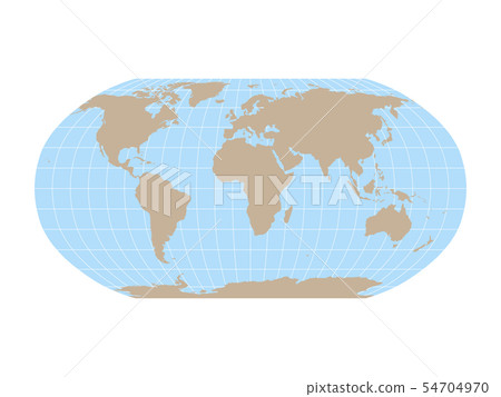 World Map in Robinson Projection with meridians and parallels grid. Brown land and blue sea. Vector 54704970