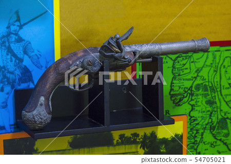 Ancient firearms are on wooden platforms. 54705021