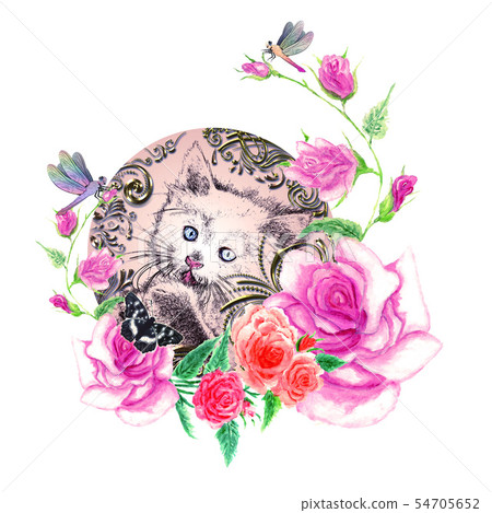 Kitten with watercolor roses Kitten with watercolor roses 54705652