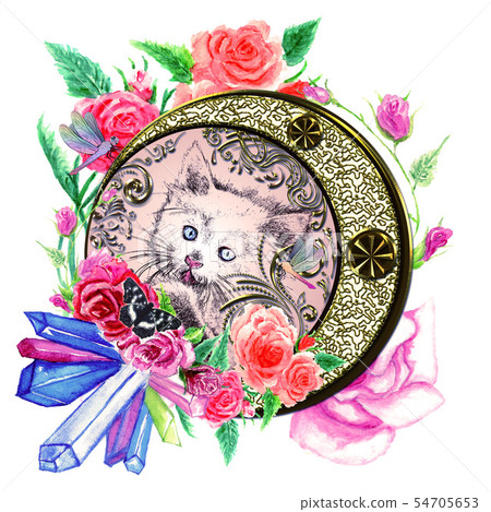 Kitten with watercolor roses 54705653