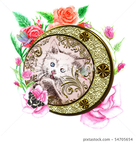 Kitten with watercolor roses 54705654