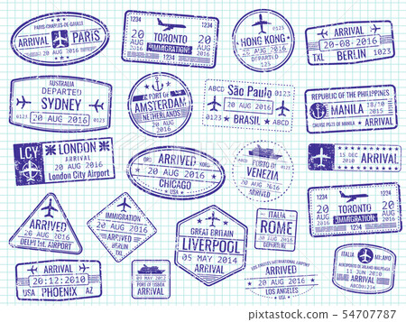 International visa stamps - arrival, departure, immigration passport stamps 54707787
