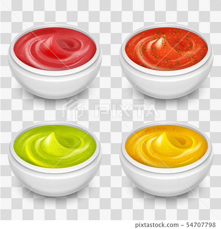 Different gourmet sauces, mustard, ketchup, soy, marinade isolated on transparent background 54707798