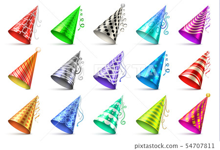 Cone paper hat with birthday decoration elements. Party caps isolated vector set Cone paper hat with birthday decoration elements. Party caps isolated vector set 54707811