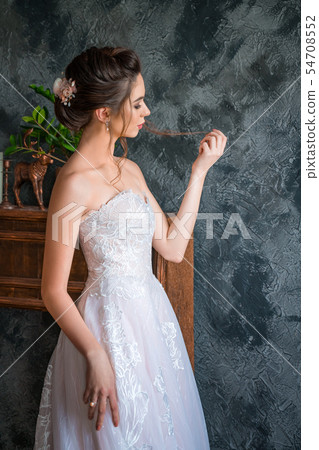 young bride in long dress posing for the camera young bride in long dress posing for the camera 54708552