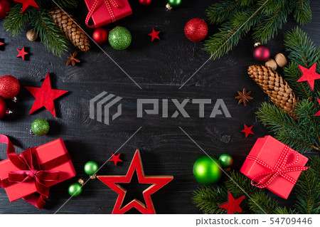 Christmas flat lay scene with golden decorations 54709446