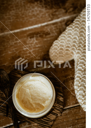 Natural SPA cosmetics on wooden table overhead 54709733