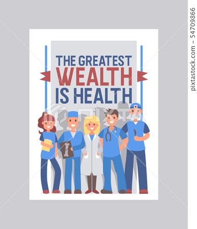 Health care cover vector design. Medical brochure with healthcare slogan. Doctors cartoon characters Health care cover vector design. Medical brochure with healthcare slogan. Doctors cartoon characters 54709866