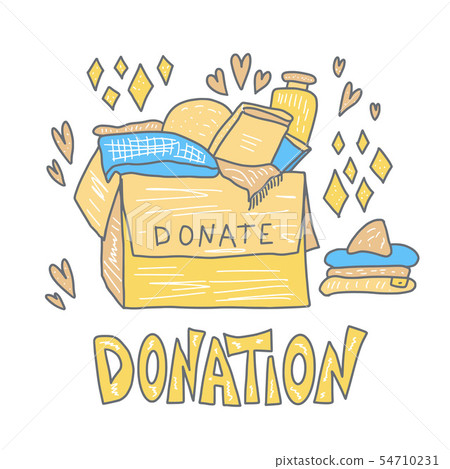 Donation concept. Box with stuff and text. Donation concept. Box with stuff and text. 54710231
