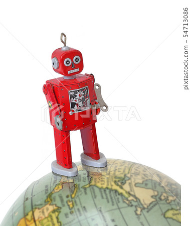 Tin robot walking on the world globe 54713086