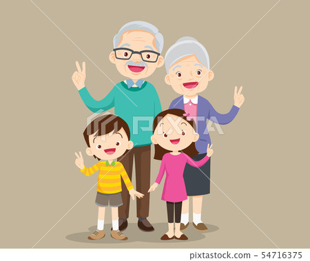 grandparents with children victory hand 54716375