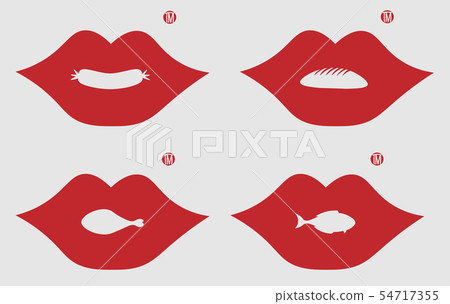 lips with chicken legs, fish, bread and sausage in a negative space for a logo of food 54717355