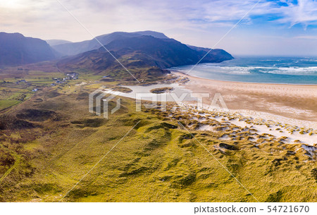 Aerial of Assaranca Waterfall and beach by Ardara in County Donegal - Ireland 54721670