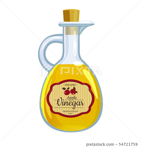 Apple cider vinegar in glass bottle. Label red apple. Vector illustration cartoon flat icon isolated 54721759