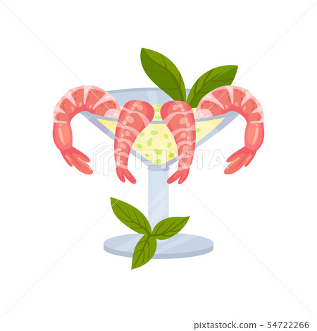 Bowl on a high leg with sauce and shrimps. Vector illustration on white background. 54722266