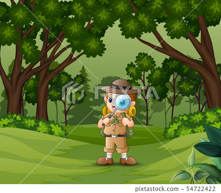 Boy Explorer With Magnifying Glass In The Forest Stock Illustration