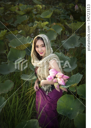 woman harvesting water lilies woman harvesting water lilies 54723313