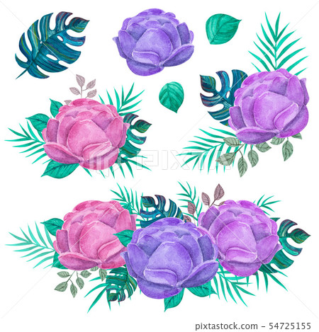 Peonies with tropical plants. Green jungle. 54725155