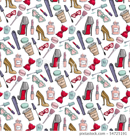 Fashion cosmetics accessories seamless pattern colors bright pink stylish fashioned vintage motive Fashion cosmetics accessories seamless pattern colors bright pink stylish fashioned vintage motive 54725191