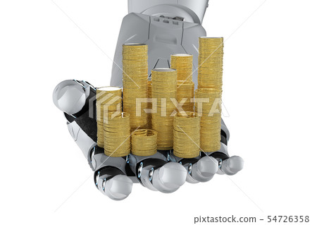 robotic hand holding gold coins robotic hand holding gold coins 54726358