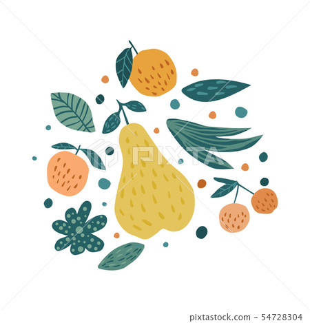Apple, pear, cherry berries and leaves on a white 54728304