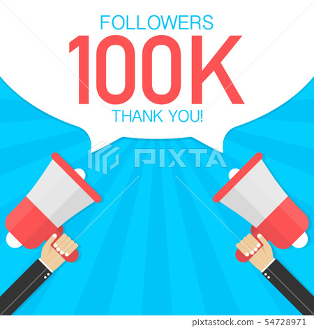 Male hand holding megaphone with 100000 followers, 54728971