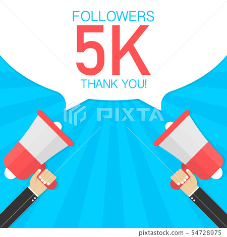 Male hand holding megaphone with 5000 followers, Male hand holding megaphone with 5000 followers, 54728975