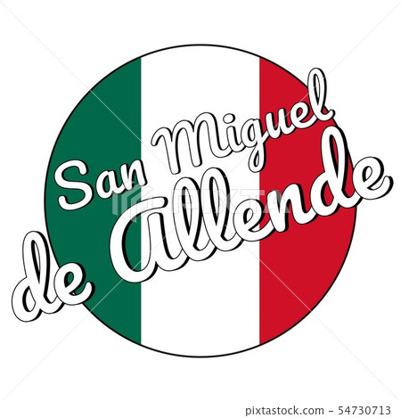 Round button Icon of national flag of Mexico with green, white and red colors and inscription of 54730713