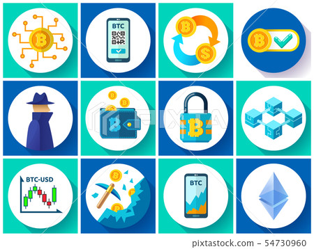 Bitcoin icons set, cryptocurrency mining, blockchain technology 54730960