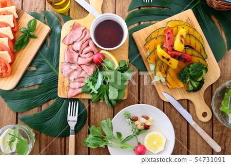 Table Monstera Leaf Baked Vegetable Roast Beef Caprese 54731091