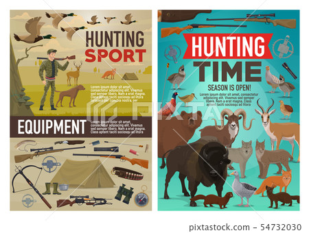 Hunting equipment, hunter, gun, animals and birds 54732030