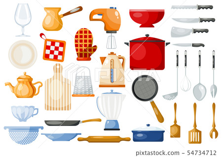 Kitchenware cookware for cooking and kitchen utensils or cutlery for kitchener illustration 54734712