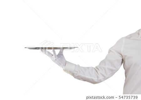 Waiter holding empty silver tray isolated on white 54735739